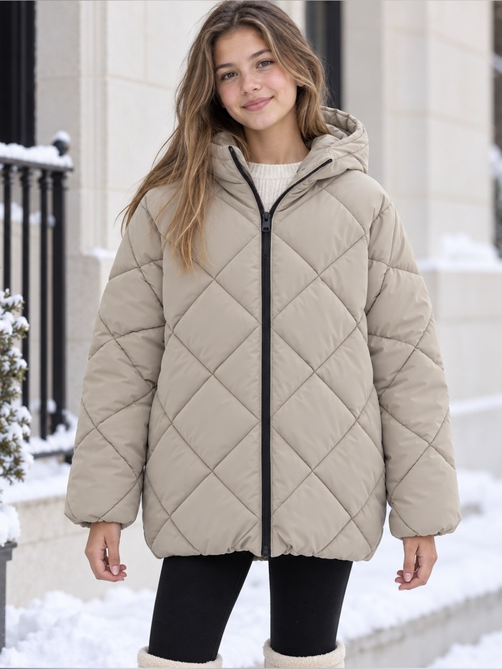 NWT Zara Girls 13/14 Beige Taupe Diamond Quilted Hooded Puffer Jacket